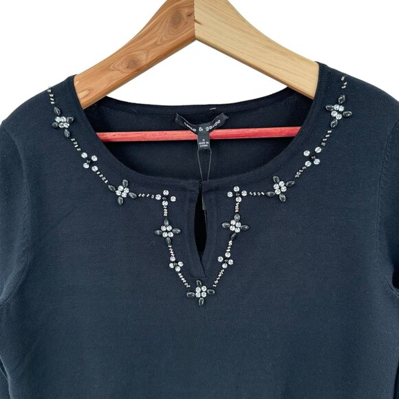 Cable & Gauge Black Embellished Sweater Tunic Keyhole Beaded 3/4 Sleeve Small - Picture 3 of 7